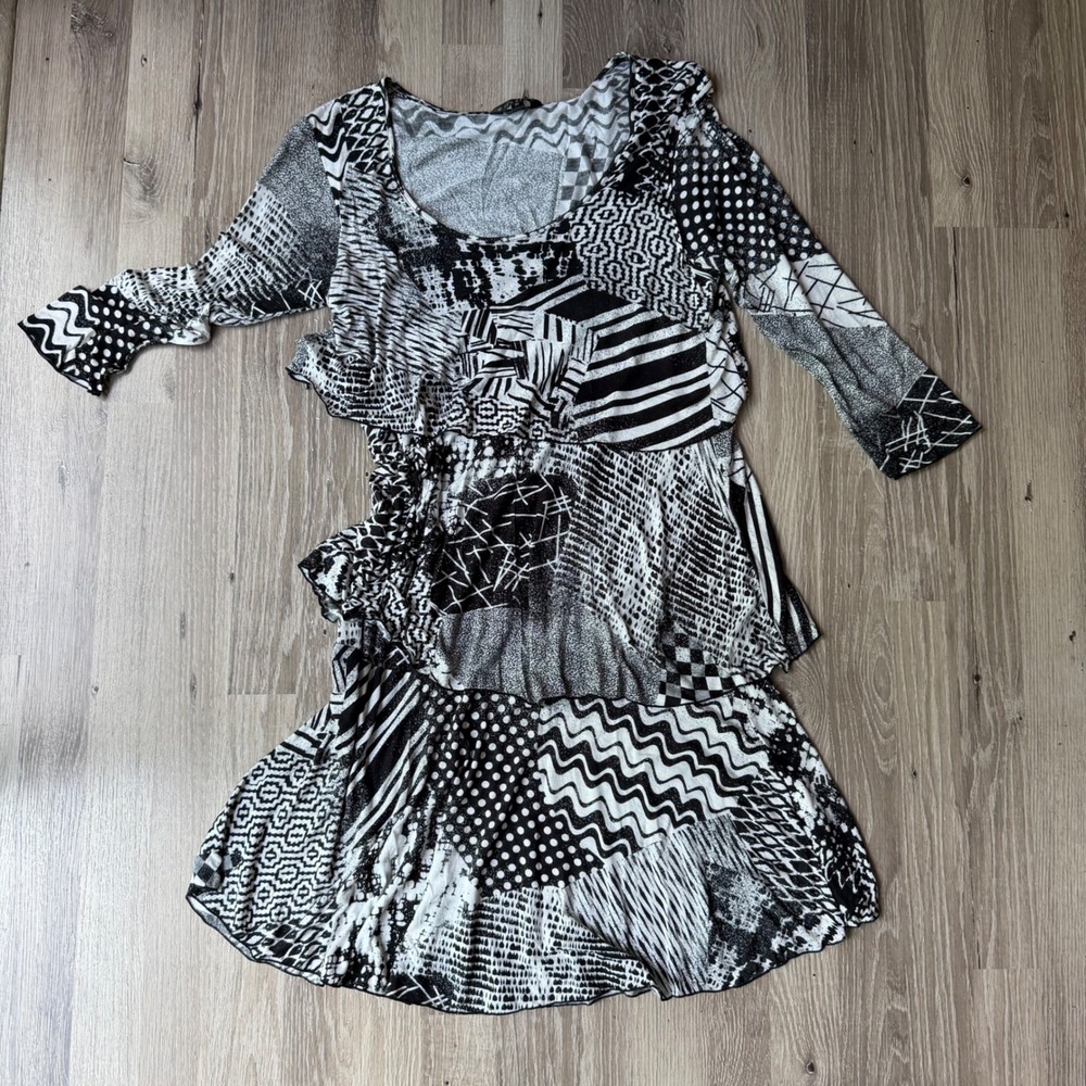 Vintage 90s Black White Mixed Print Tiered Dress Tunic Boho Eclectic M Layered